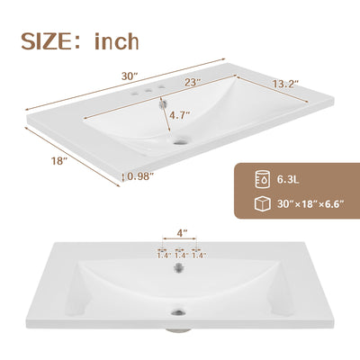 30" Single Bathroom Vanity Top with White Basin, 3-Faucet Holes, Ceramic, White - Korvel
