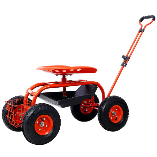 Garden cart rolling scooter, adjustable height with 4 wheels and extendable handle with 360 degree seat and tool tray (red) - Korvel