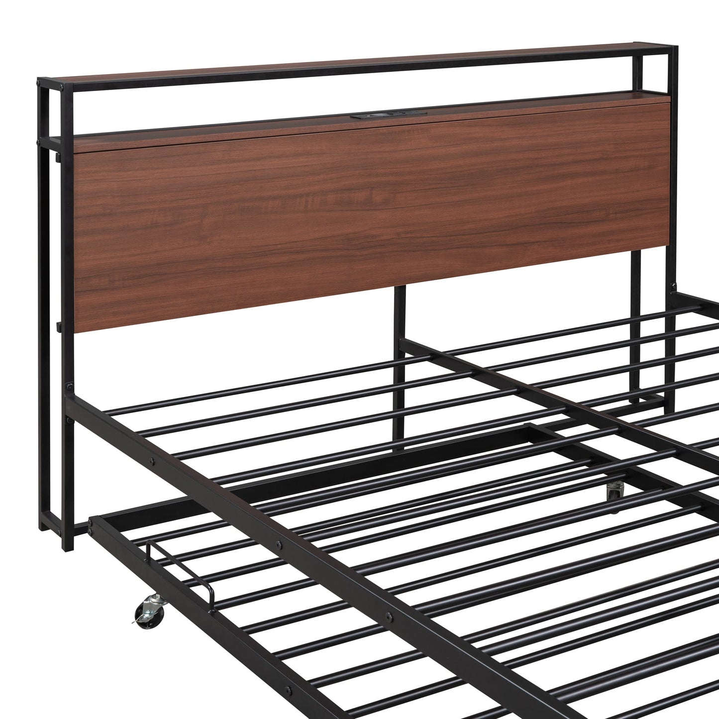 Cama de Plataforma de Metal Tamaño Queen con Trundle y Puertos USB - Negro