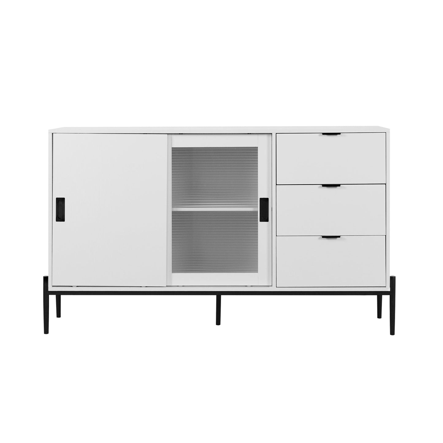 Modern characteristic storage cabinet side panel with glass sliding door and 3 drawers, dining table cabinet in white color - Korvel