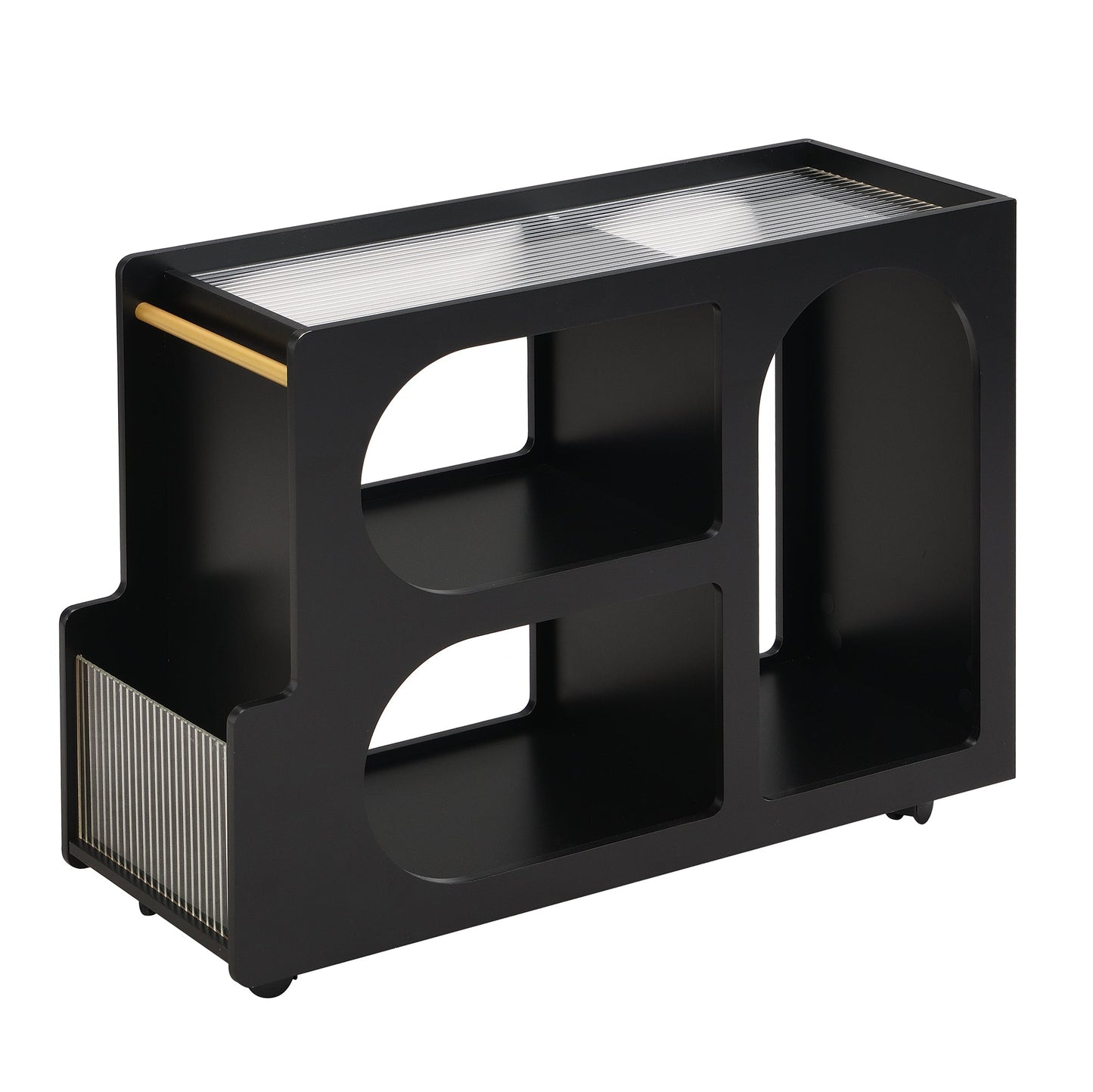 Stylish mobile desk with lockable wheels,bedside table with 5mm thick grooved tempered glass and gold round bars ，black - Korvel
