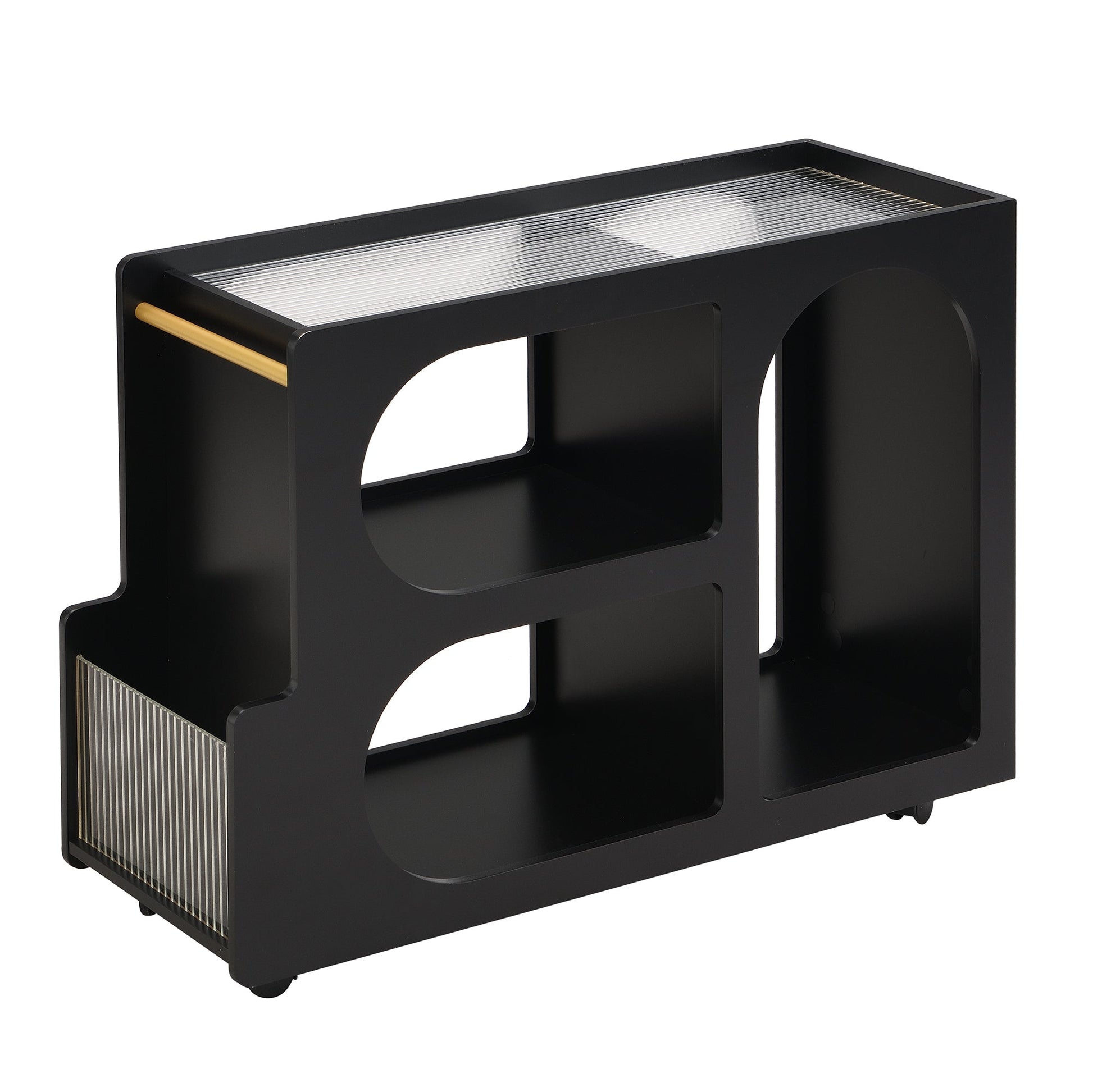 Stylish mobile desk with lockable wheels,bedside table with 5mm thick grooved tempered glass and gold round bars ，black - Korvel