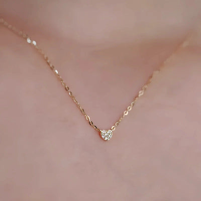 S925 pure silver plated with 14K gold mini heart necklace women's diamond studded peach heart extremely fine collarbone chain ﻿ - Korvel
