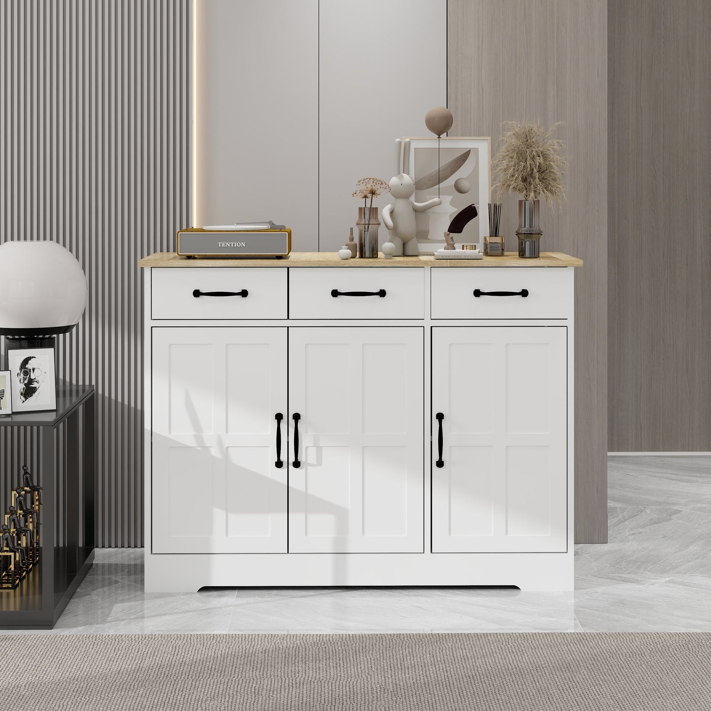 Farmhouse Buffet Cabinet Storage Sideboard with 3 Drawers and 3 Doors for Dining Living Room Kitchen Cupboard-White - Korvel