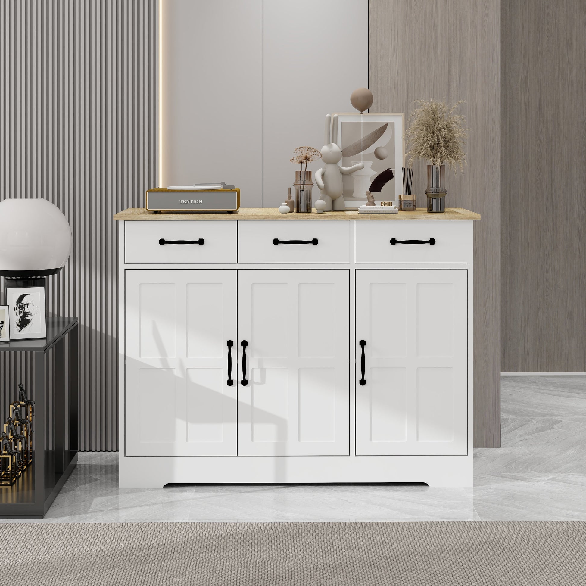 Farmhouse Buffet Cabinet Storage Sideboard with 3 Drawers and 3 Doors for Dining Living Room Kitchen Cupboard-White - Korvel