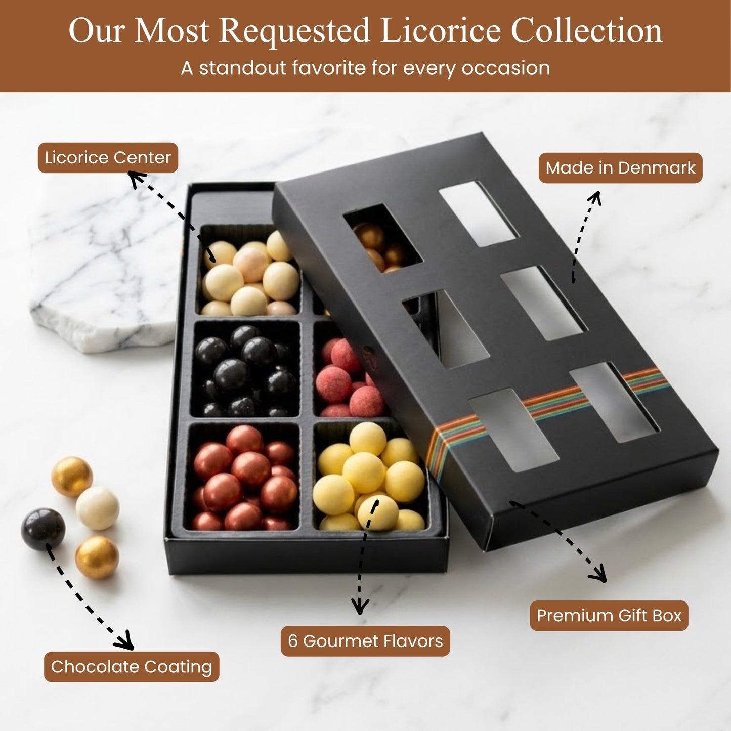 Boîte Cadeau de Réglisse Gourmande Couvertes de Chocolat Andy Anand, 6 Saveurs, 10,5 oz