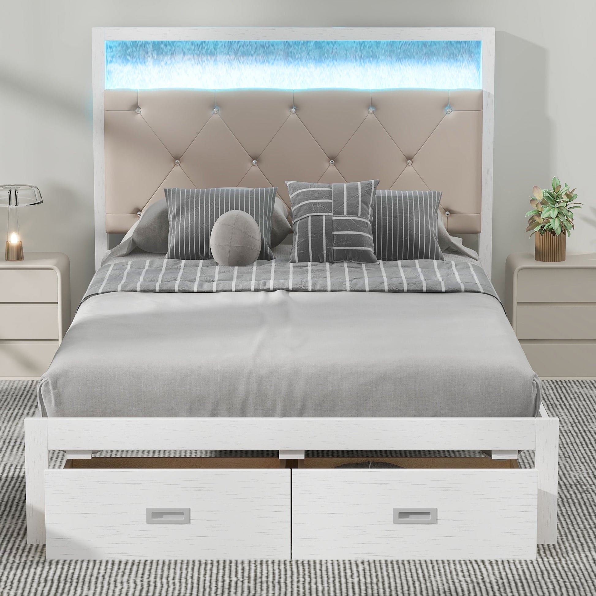 Wood Full Size Platform Bed with Upholstered Headboard and LED and 2 Drawers, Antique White - Korvel