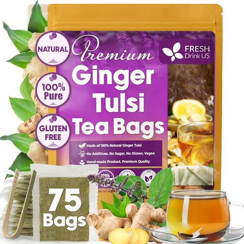 Bolsitas de té premium de jengibre y tulsi | Mezcla artesanal de jengibre y hojas de tulsi y albahaca sagrada 