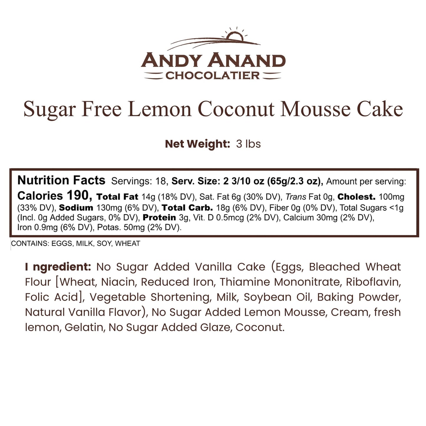 Cheesecake de Limón y Coco Sin Azúcar Andy Anand, 9 Pulgadas, 2.9 lb