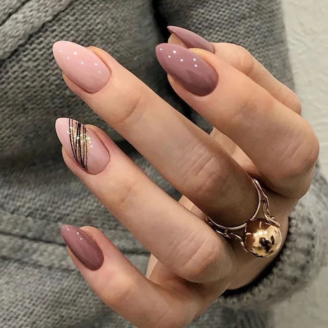 Almond Slant Gold Line Lotus Pink Fake Nails Artificial Professional Material art False Nail Supplies For Professionals - Korvel