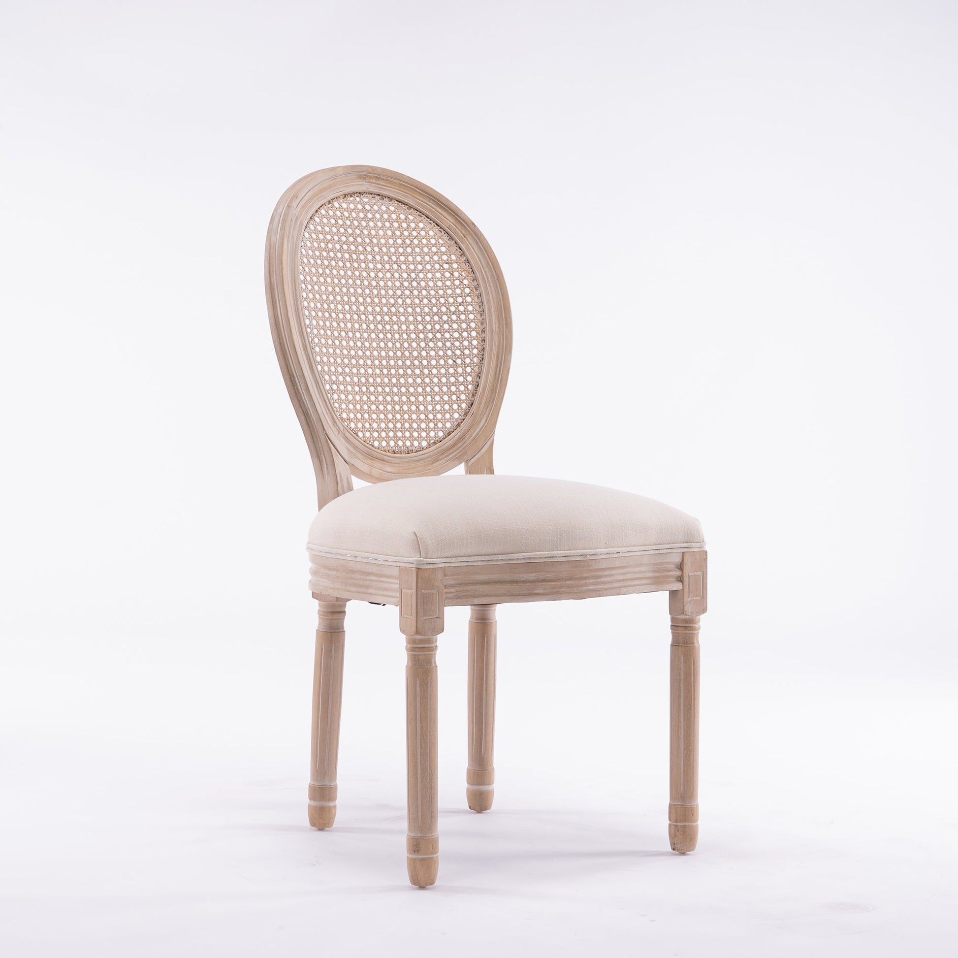 French Style Solid Wood Frame Antique Painting Linen Fabric Rattan Back Dining Chair Set of 2 Cream - Korvel