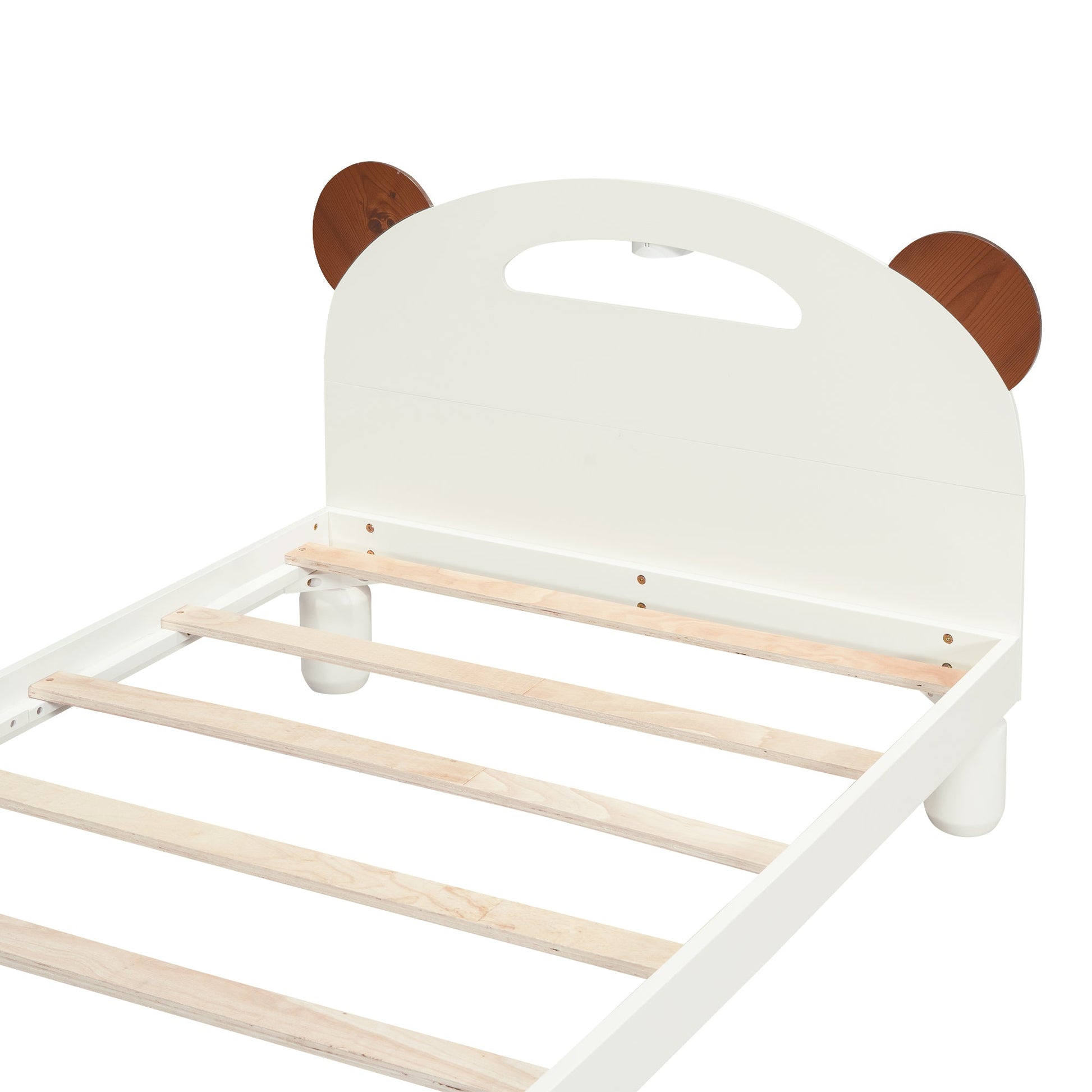 Twin Size Platform Bed with Bear Ears Shaped Headboard and LED Cream White - Korvel