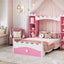 Lit jumeau en bois en forme de château avec étagère de rangement en rose et blanc