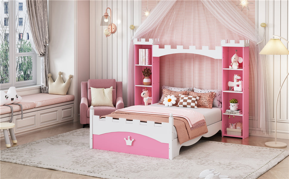 Lit jumeau en bois en forme de château avec étagère de rangement en rose et blanc