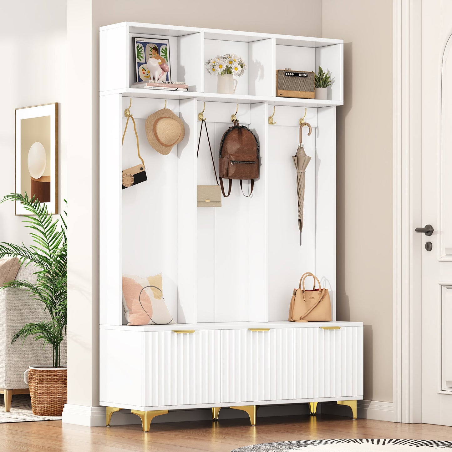 Large storage hall tree with bench, multifunctional storage platform, luxury clothes hanger equipped with 6 gold hooks - Korvel