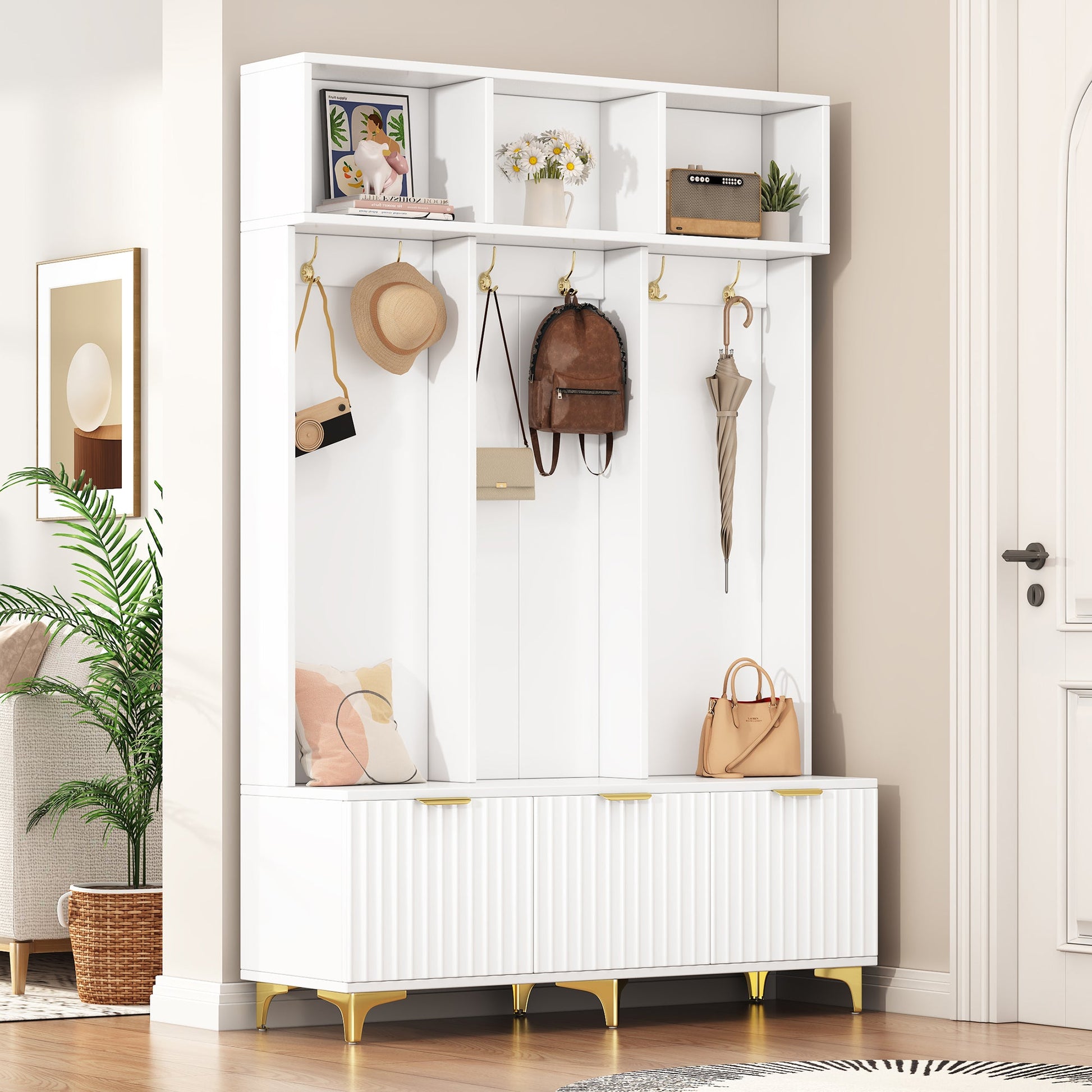 Large storage hall tree with bench, multifunctional storage platform, luxury clothes hanger equipped with 6 gold hooks - Korvel