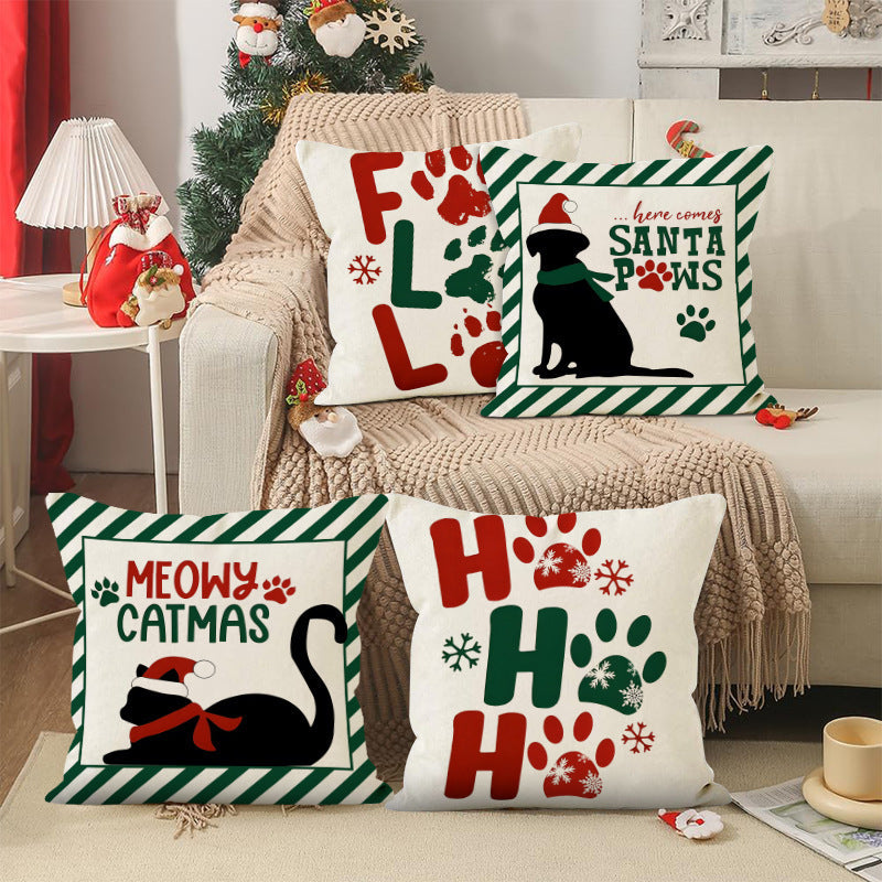 Christmas striped pillow cover linen black cat print pillowcase home holiday decoration cushion cover - Korvel
