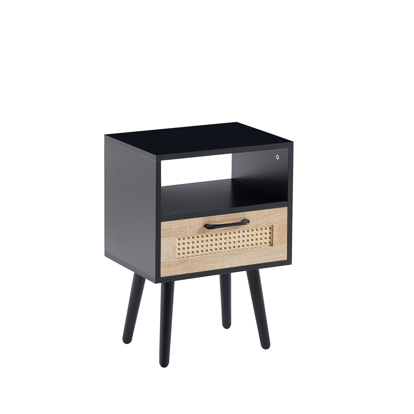15.75" Rattan End table with drawer and solid wood legs Modern nightstand side table for living room black - Korvel