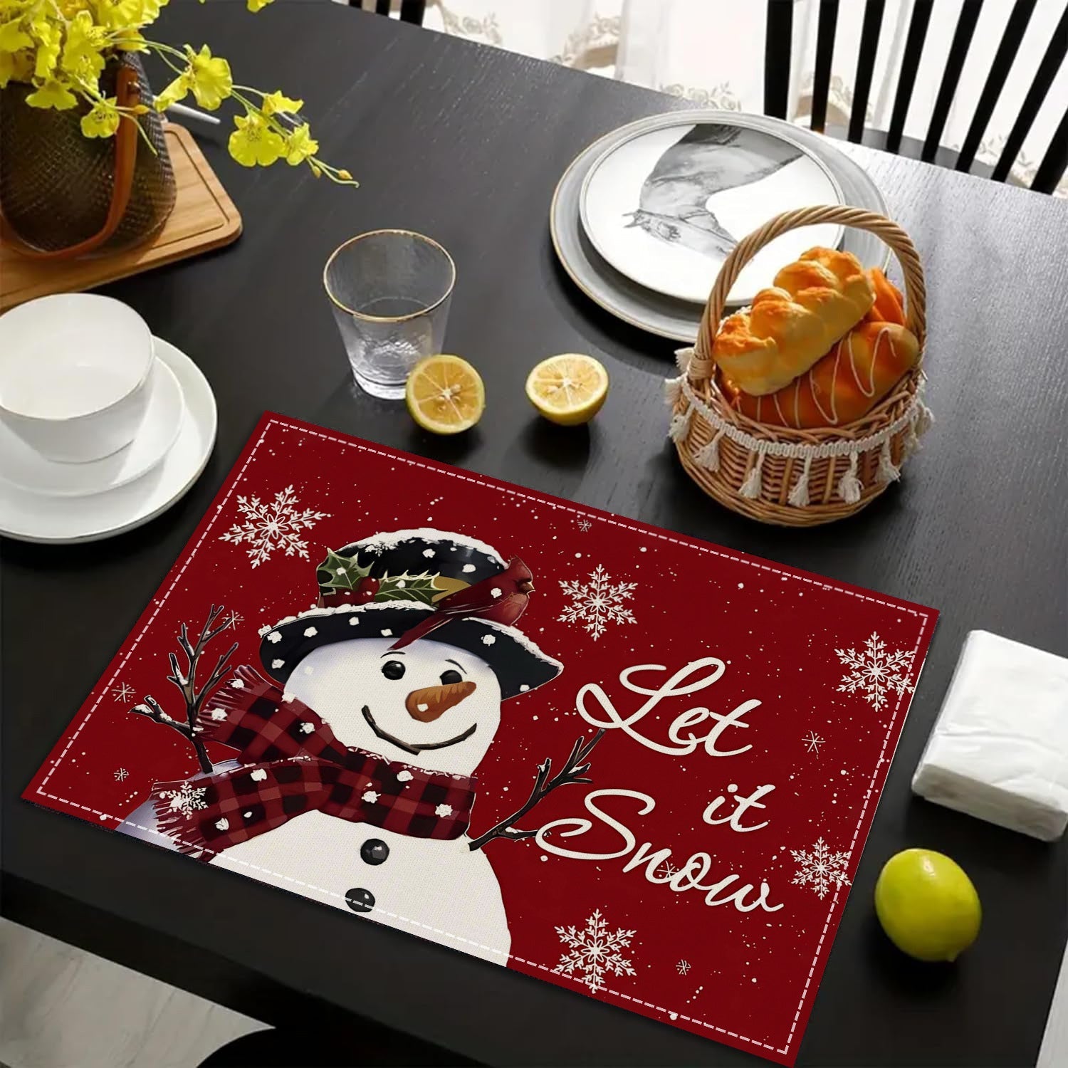 Christmas Snowman Linen Meal Mat Snowflake Grid Printed Table Mat Christmas Party Decoration Insulation Mat Holiday Decoration - Korvel