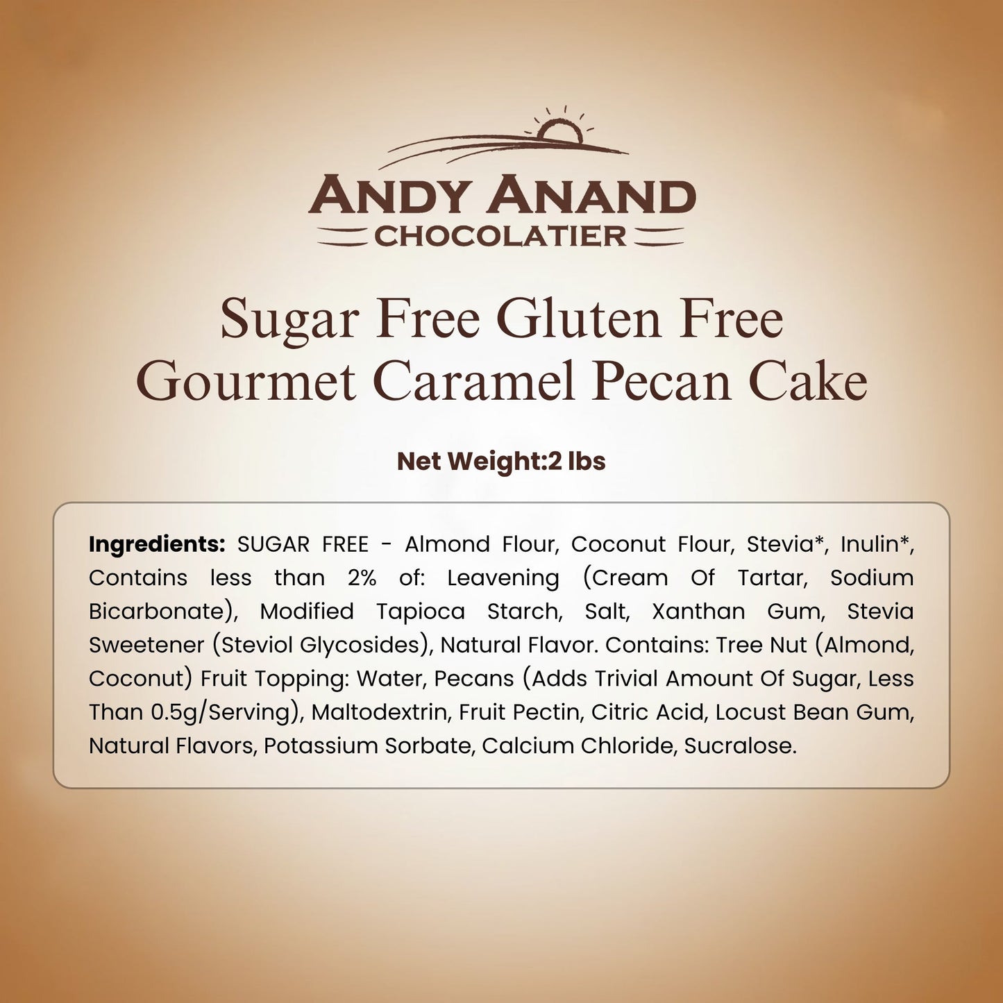 Pastel de Caramelo y Nueces Pecanas Gourmet Sin Azúcar y Sin Gluten de Andy Anand 9"