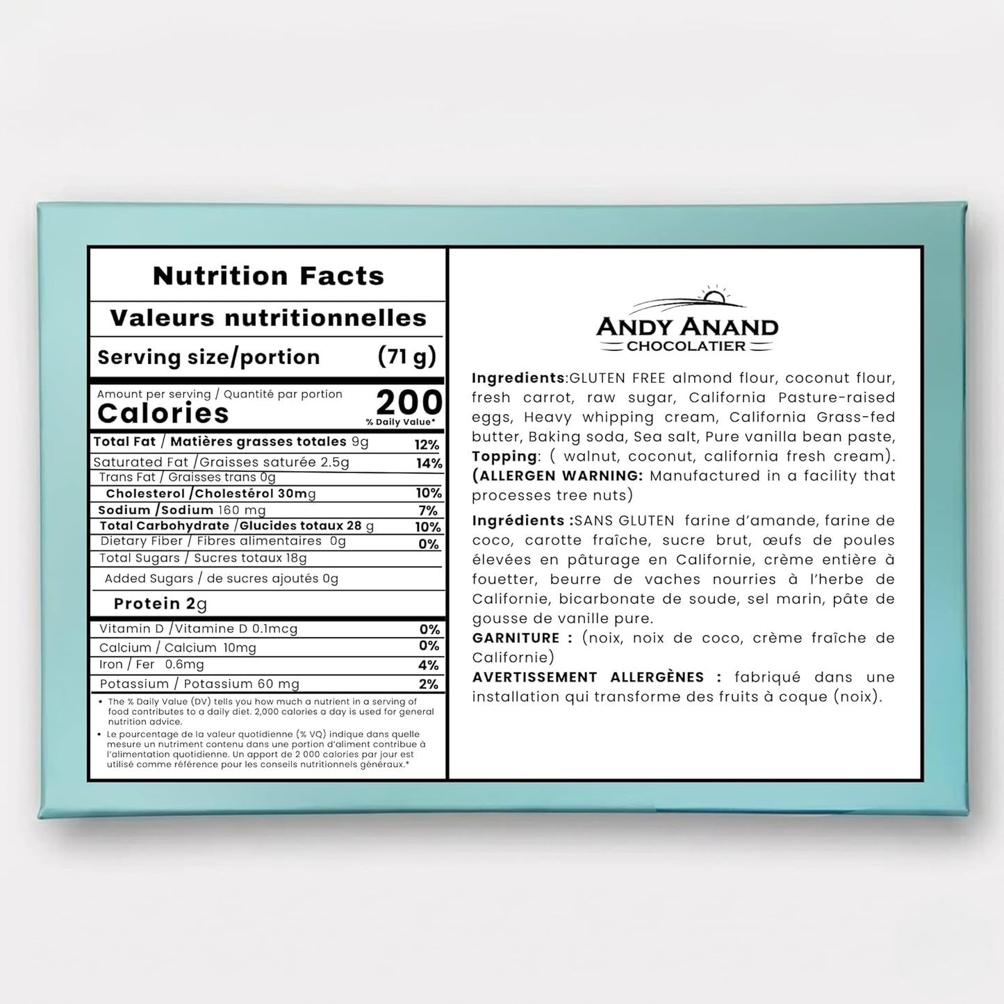 Pastel de Zanahoria Sin Gluten Andy Anand, 3 lb – Caja de Regalo Frescamente Horneada
