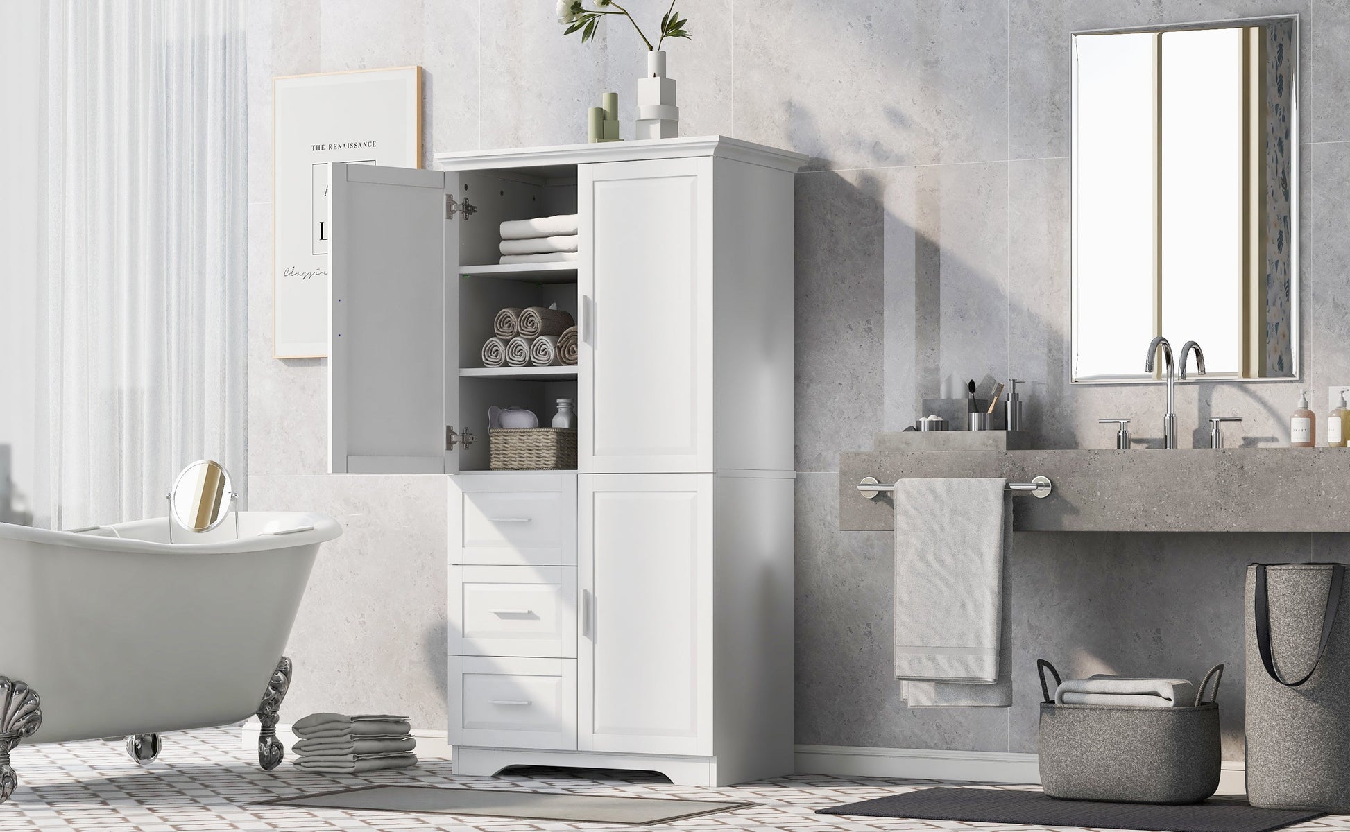 Tall and Wide Storage Cabinet with Doors for Bathroom/Office, Three Drawers, White - Korvel