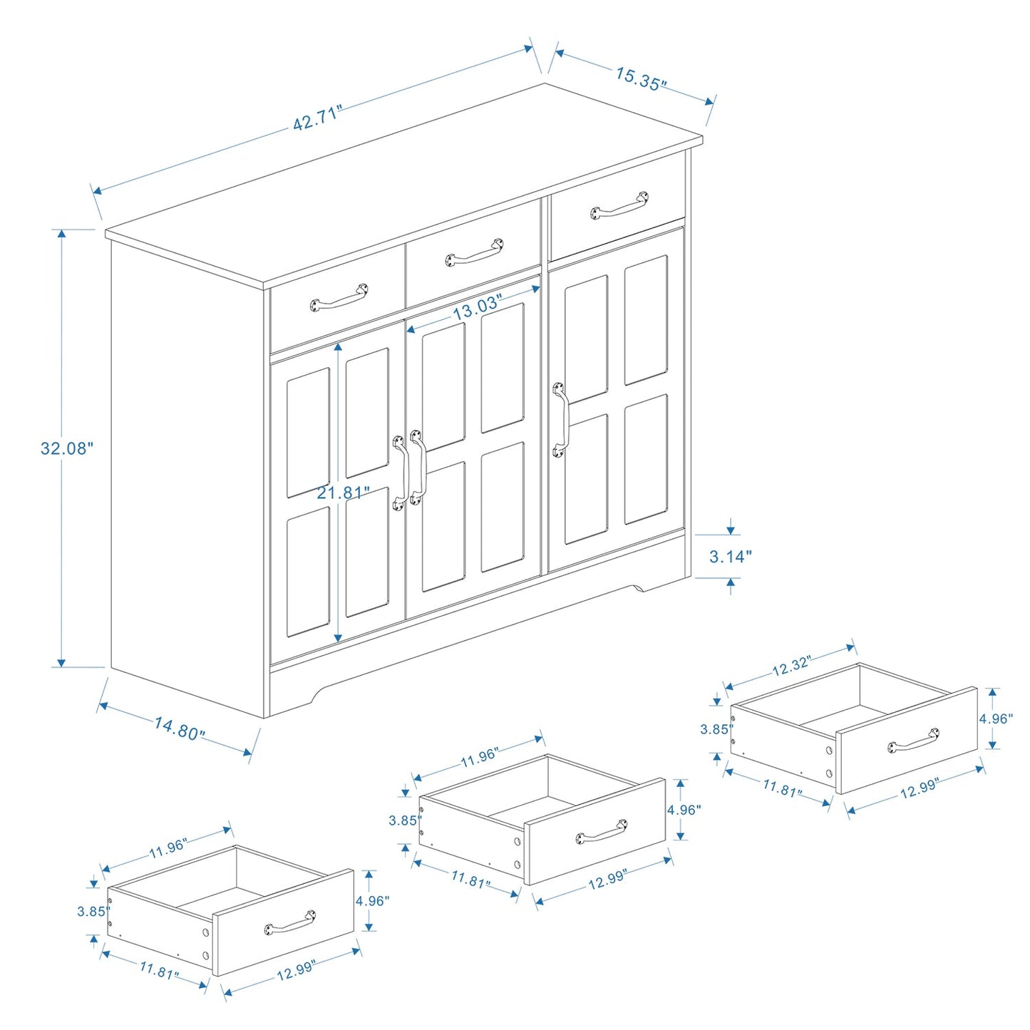 Farmhouse Buffet Cabinet Storage Sideboard with 3 Drawers and 3 Doors for Dining Living Room Kitchen Cupboard-White - Korvel