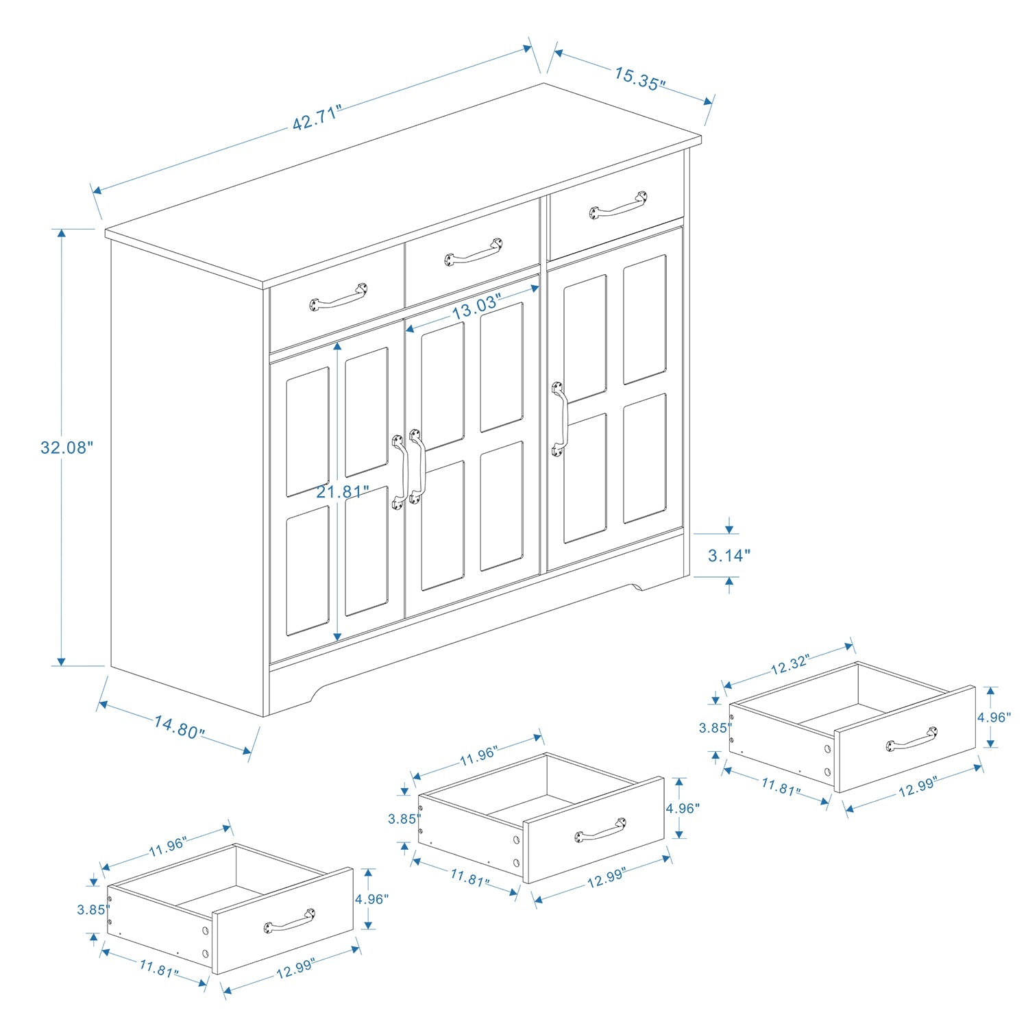 Farmhouse Buffet Cabinet Storage Sideboard with 3 Drawers and 3 Doors for Dining Living Room Kitchen Cupboard-White - Korvel