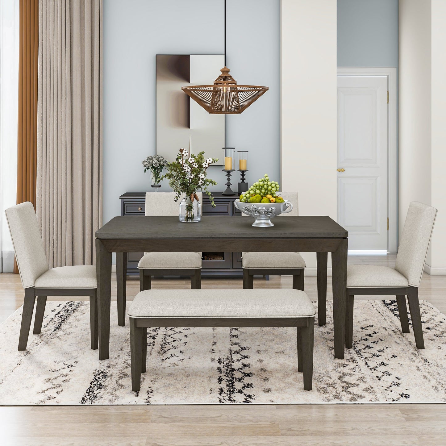 TOPMAX 6-Piece Dining Table Set with Upholstered Dining Chairs and Bench Farmhouse Style Tapered Legs Dark Gray+Beige - Korvel