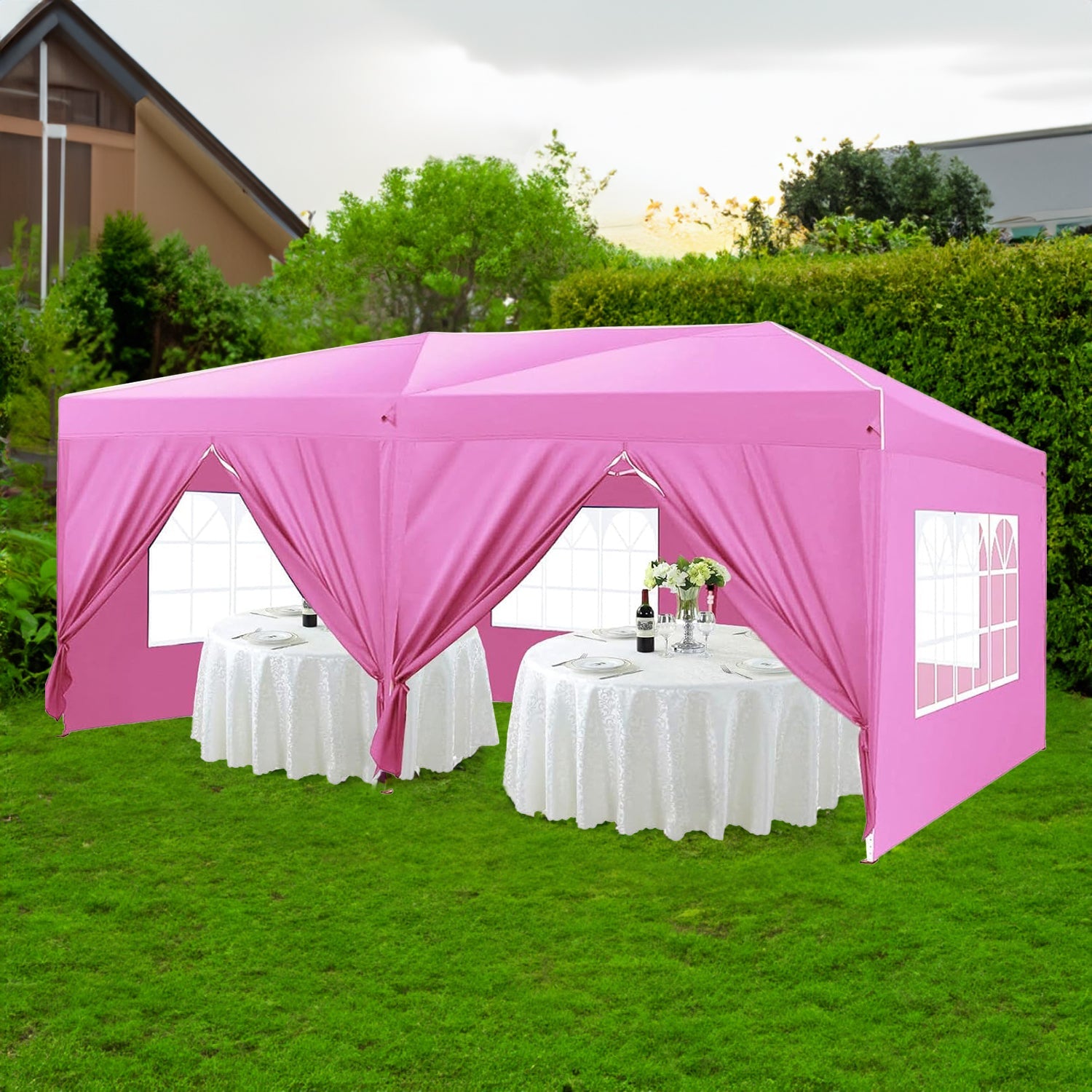 10'x20 'folding canopy with 6 detachable side wall outdoor activity sheds UPF 50+terrace portable tent (pink) - Korvel