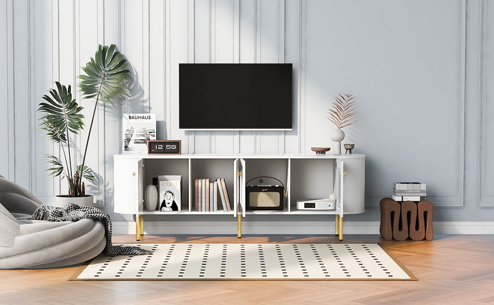 U-Can Modern TV Stand for TVs up to 80 Inches, Entertainment Center with 4 Cabinets, Wood with Metal Legs and Handles White - Korvel