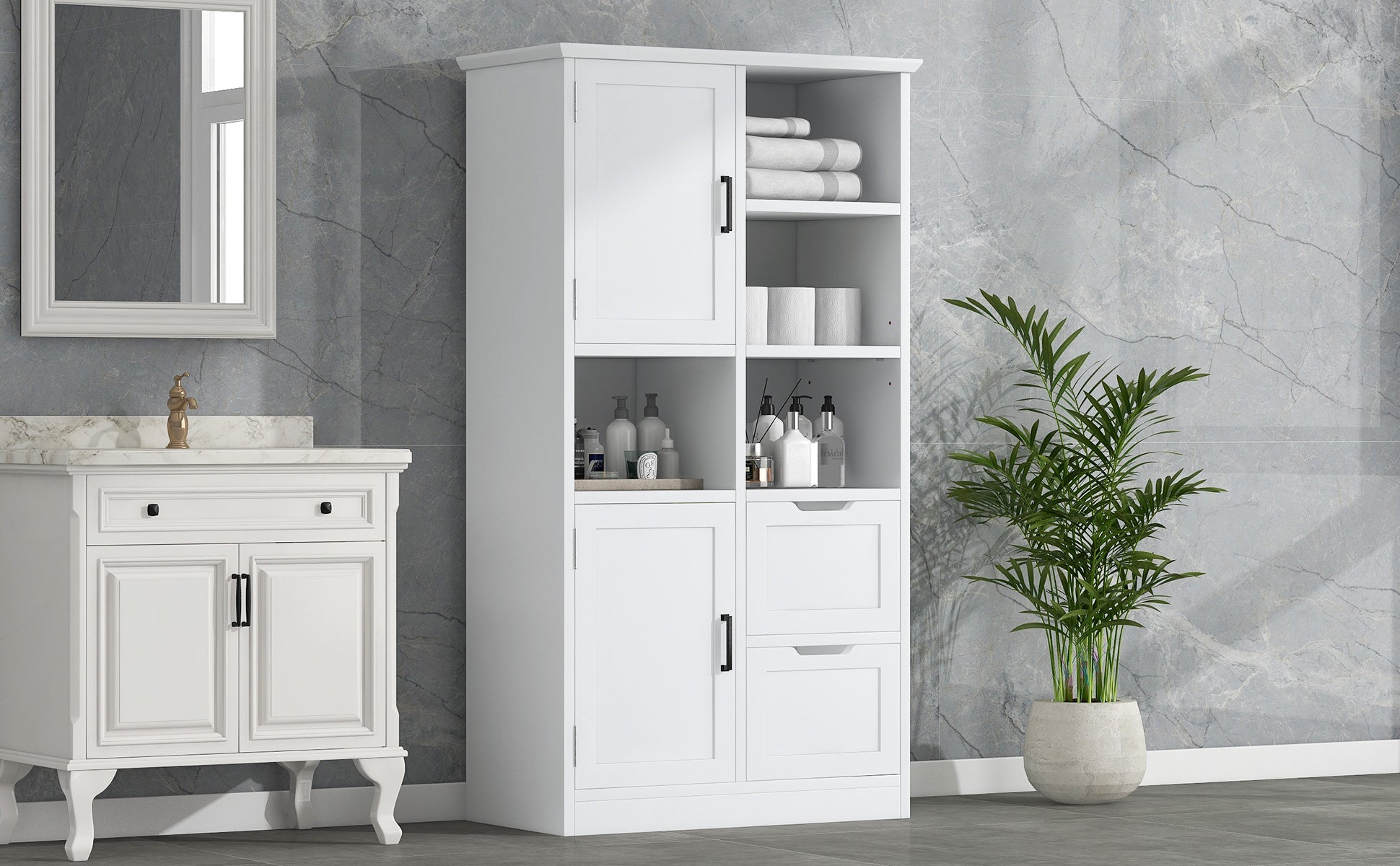 Bathroom storage cabinet with doors and drawers, multiple storage spaces, independent, open adjustable shelves, white - Korvel