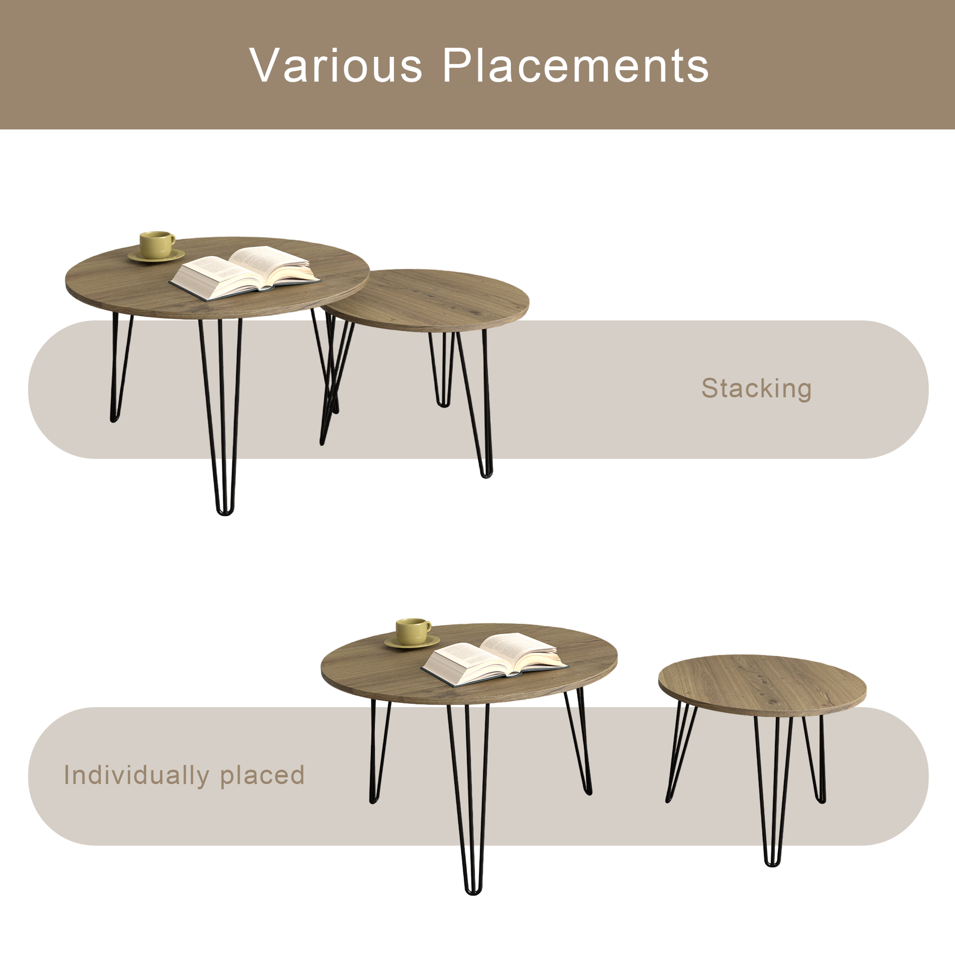 27.56'' Round Nesting Coffee Table Set of 2, Circular Nesting End Table Set  Sturdy Metal Base for Living Room, bedroom, Brown - Korvel
