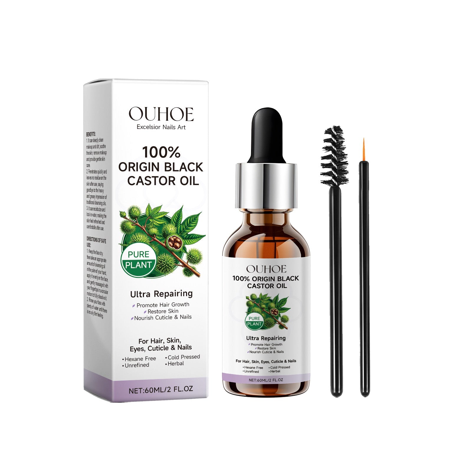 Ouhoe Black Castor Oil Eyebrow Eyelash Hair Soft Shine Skin Care Multi-Effect Care Essential Oil - Korvel