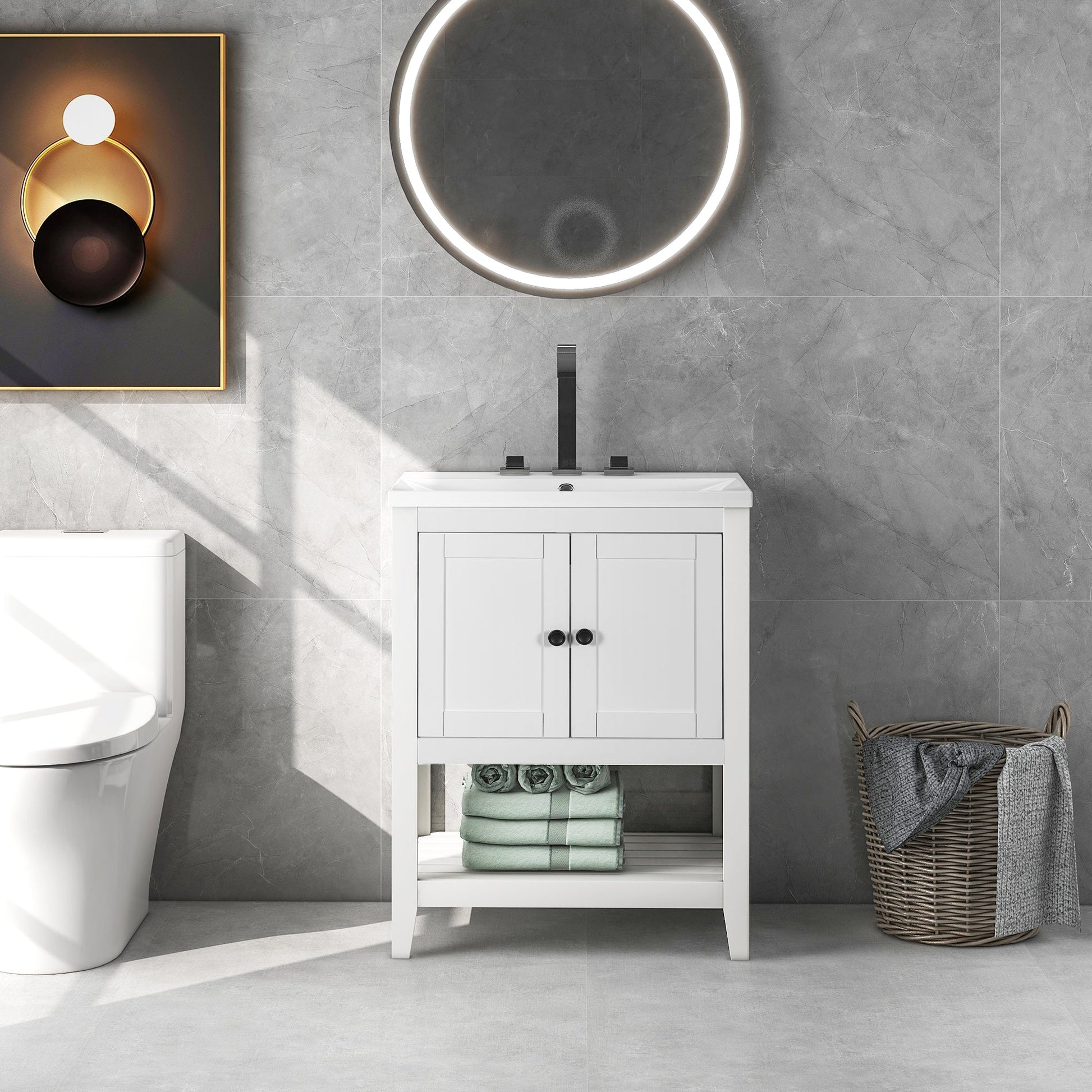 24" White Modern Sleek Bathroom Vanity Elegant Ceramic Sink with Solid Wood Frame Open Style Shelf - Korvel