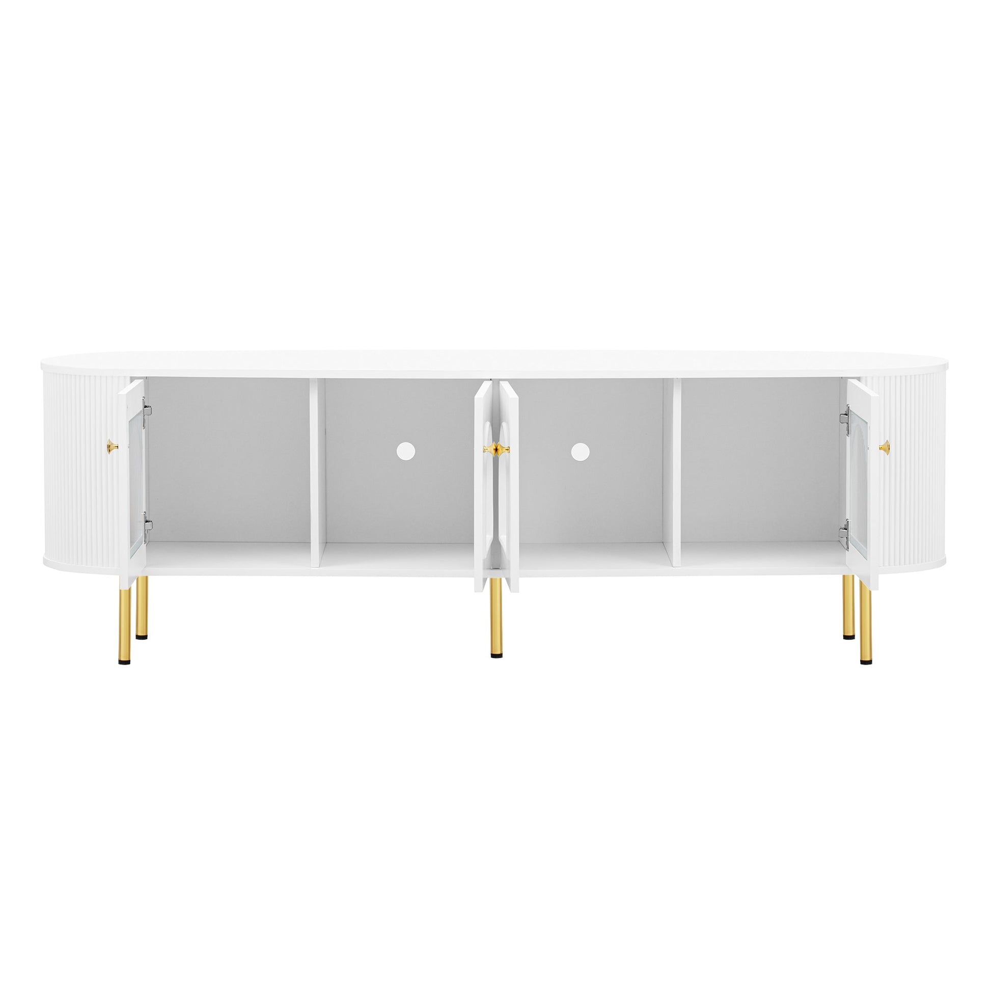 U-Can Modern TV Stand for TVs up to 80 Inches, Entertainment Center with 4 Cabinets, Wood with Metal Legs and Handles White - Korvel