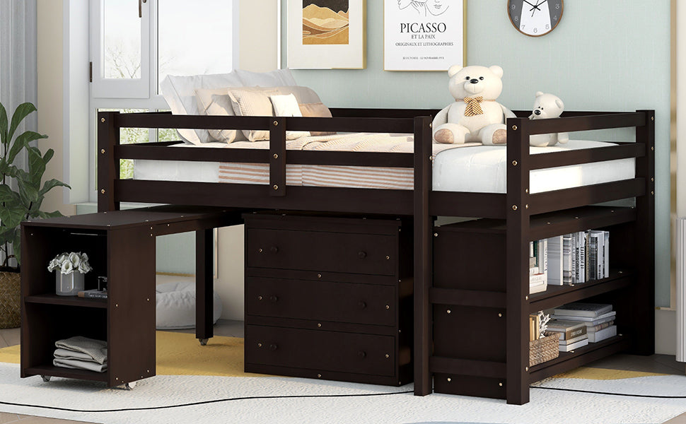 Low Study Full Loft Bed with Cabinet Shelves and Rolling Portable Desk Multiple Functions Bed- Espresso - Korvel