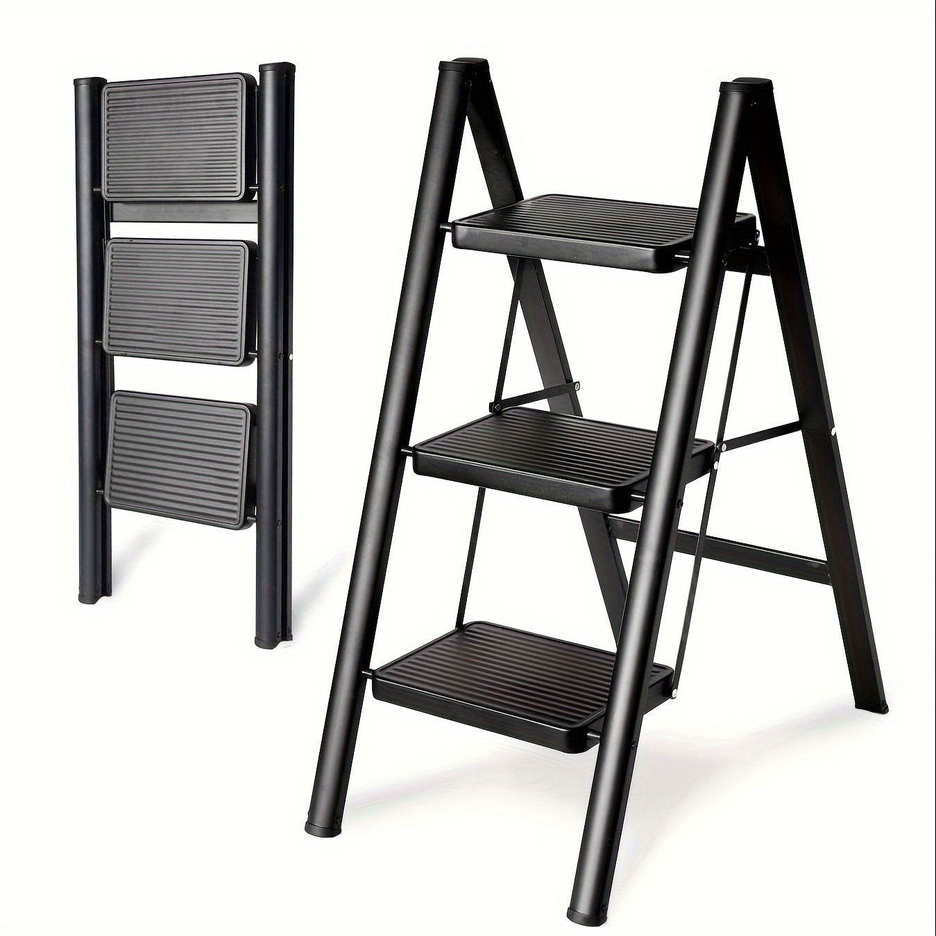 3 Step Ladder Aluminum Light Folding Step Bench Wide Non slip Pedal 300 lb Capacity Home Office Portable Ladder black - Korvel