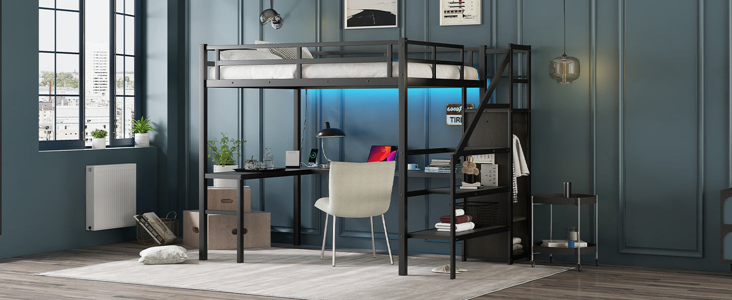 Full Size Loft Bed with L-shaped Desk and USB - Black