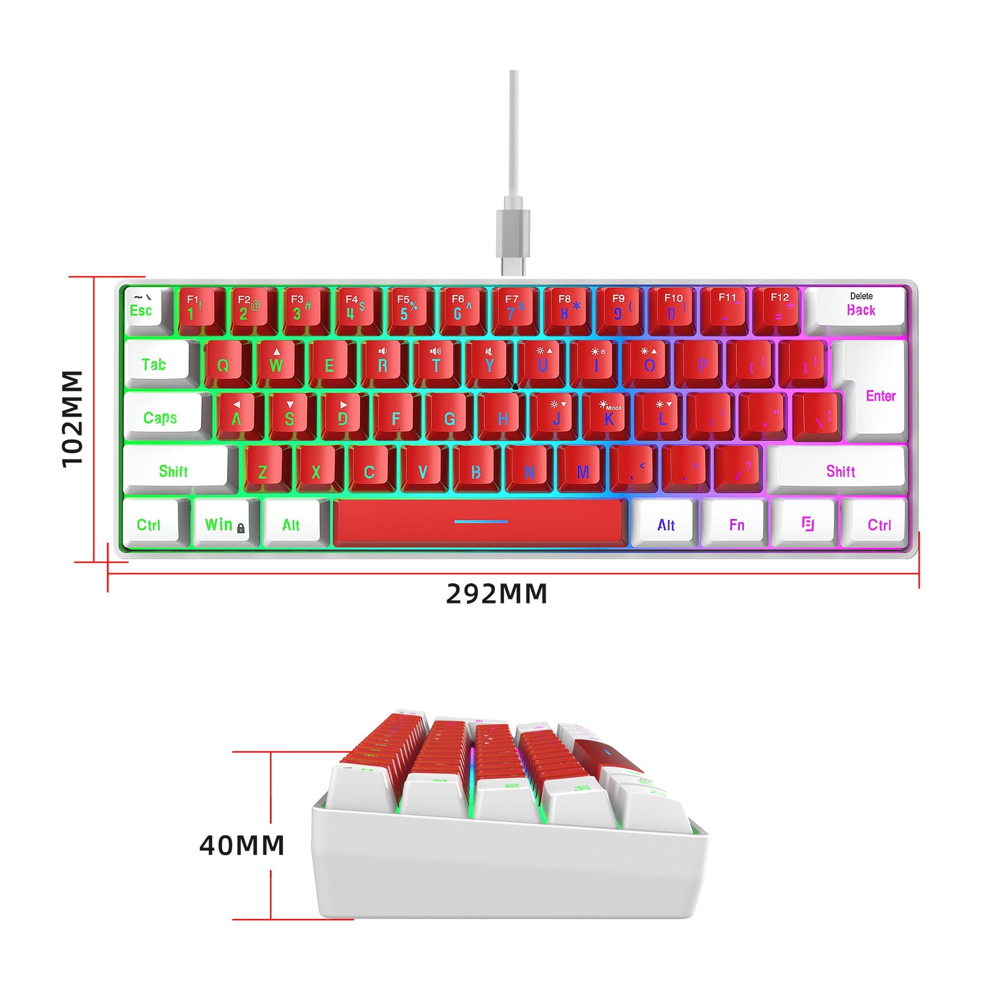 61 key keyboard with split lines, mini minimalist keyboard, compact dual color color RGB luminous film keyboard - Korvel