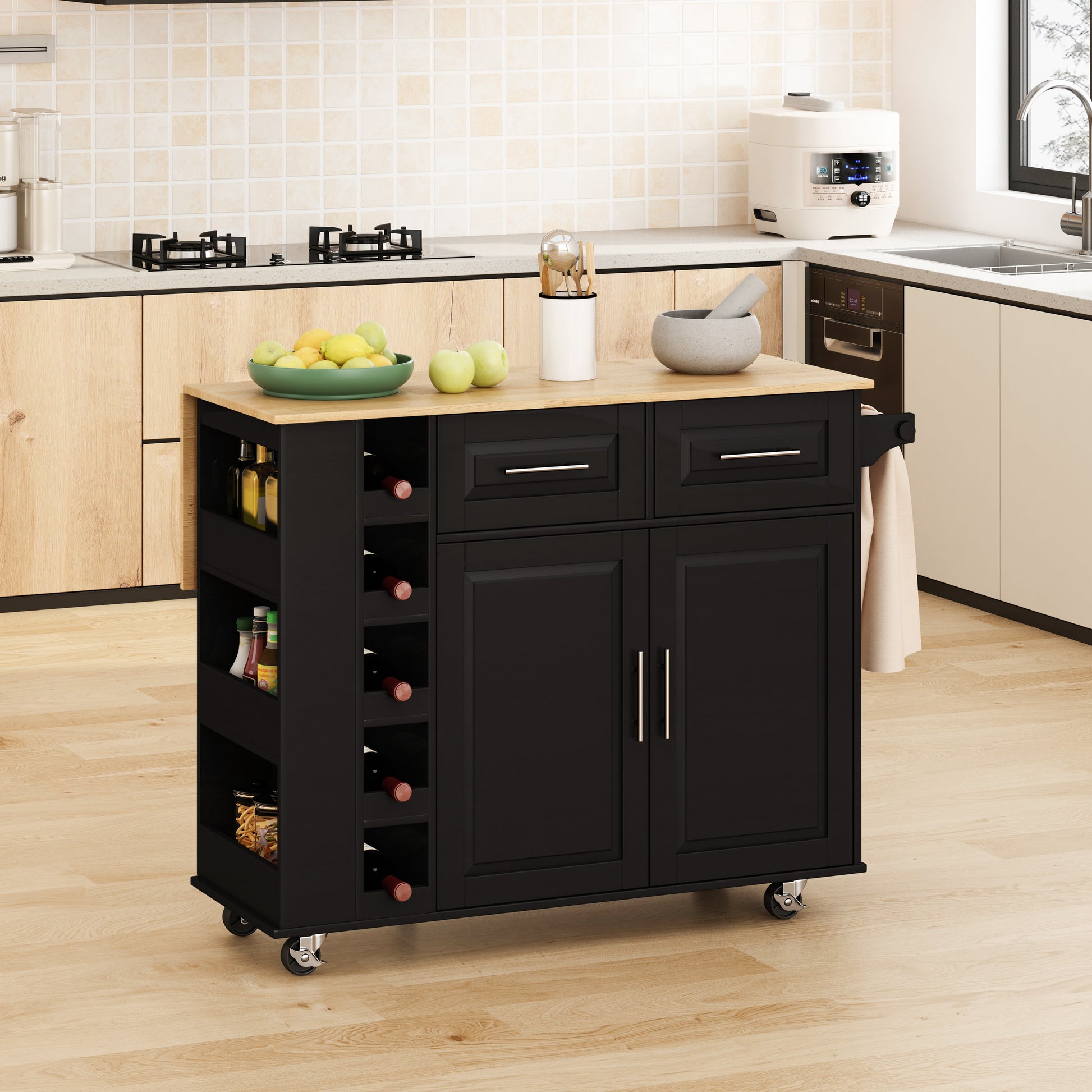 Multi-Functional Kitchen Island Cart with 2 Door Cabinet and Two Drawers,Spice Rack, Towel Holder, Wine Rack, and Foldable Rubberwood Table Top (Black) - Korvel