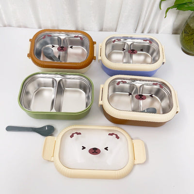 Cartoon cute bear stainless steel portable compartment lunch box with lid - Korvel