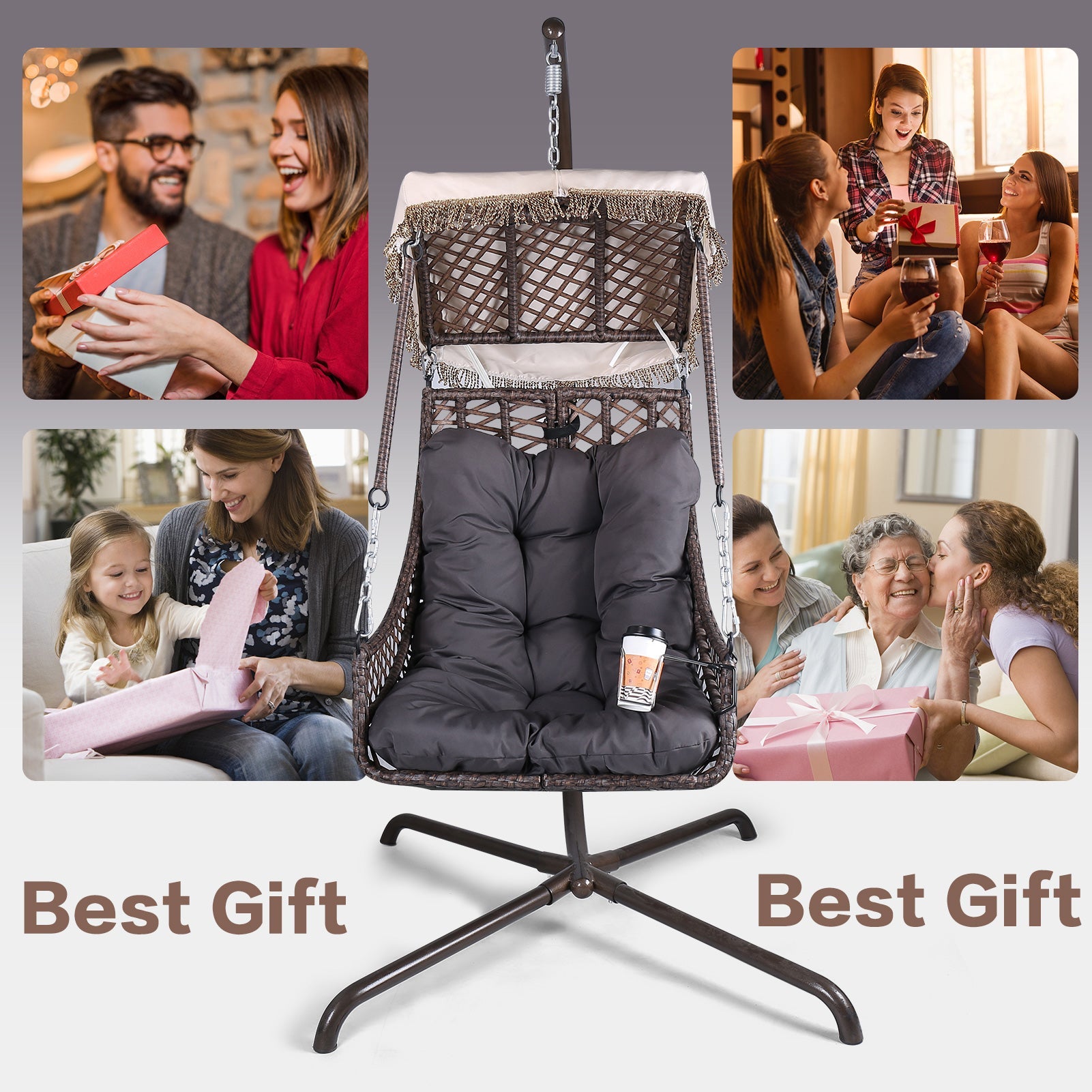 Swing Egg Chair with Stand Indoor Outdoor Wicker Rattan Frame 350lbs Capacity Hammock Chair - Korvel