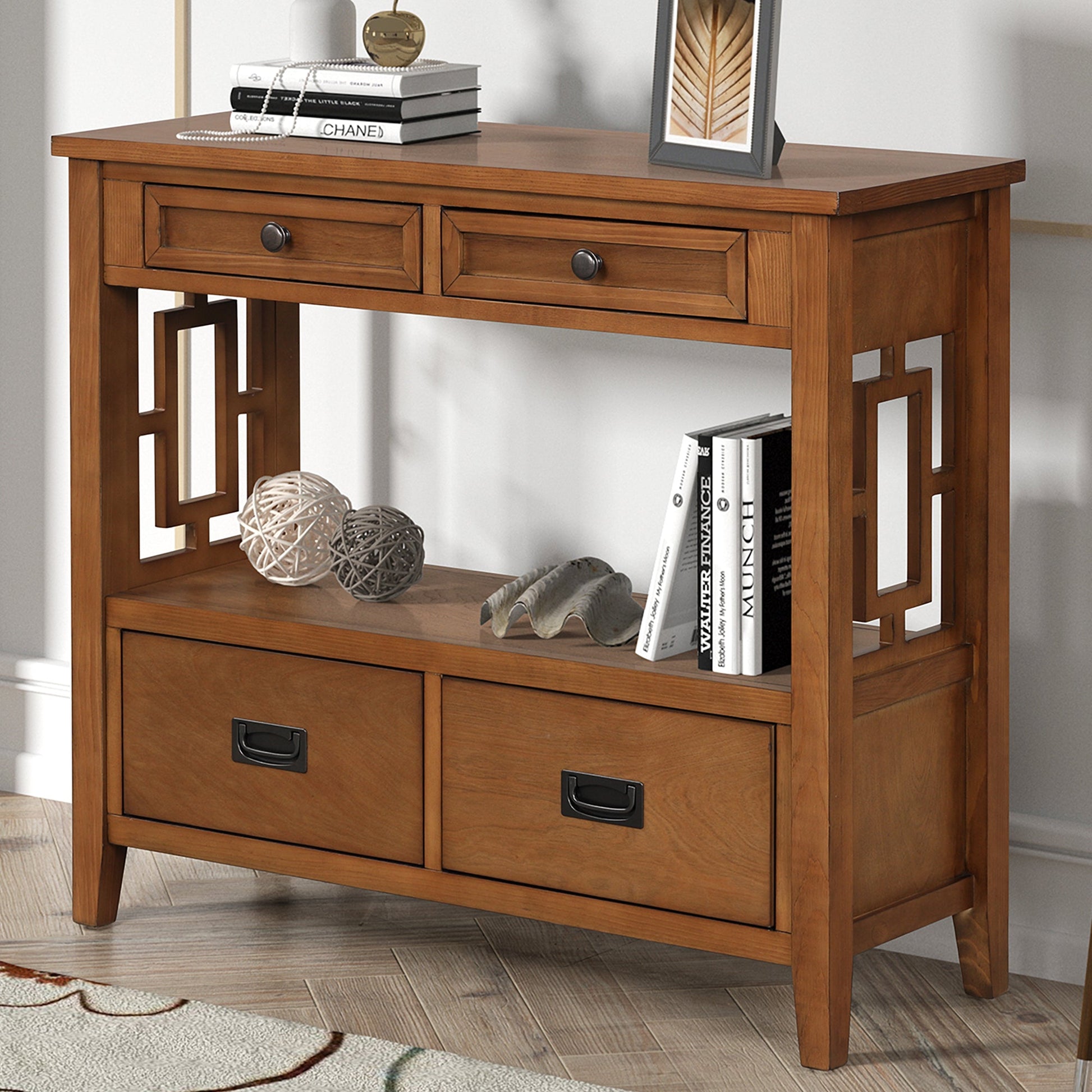 36'' Farmhouse Pine Wood Console Table Entry Sofa Table with 4 Drawers & 1 Storage Shelf (Brown) - Korvel