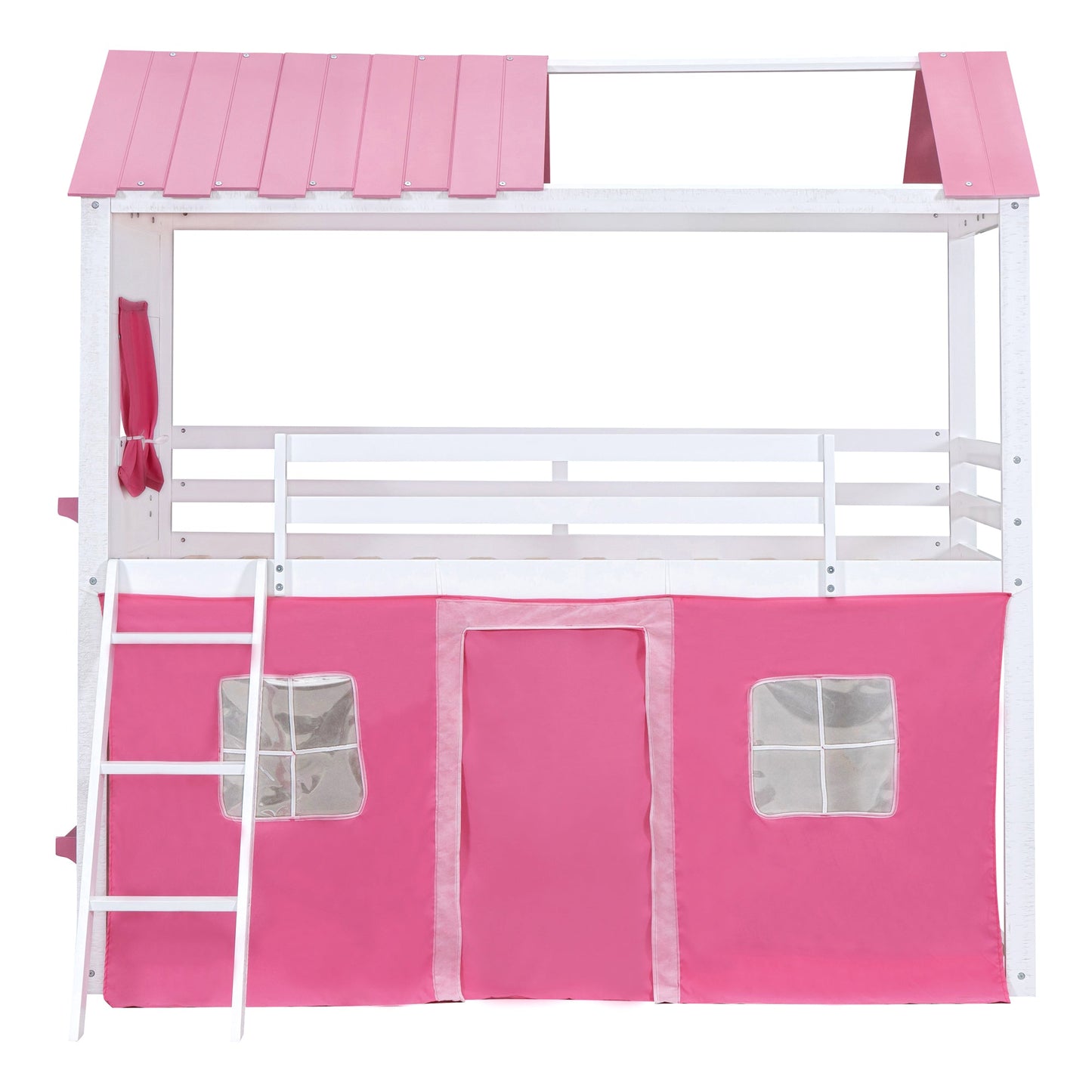 Elegant Twin Size Bunk Wood House Bed in Pink and White