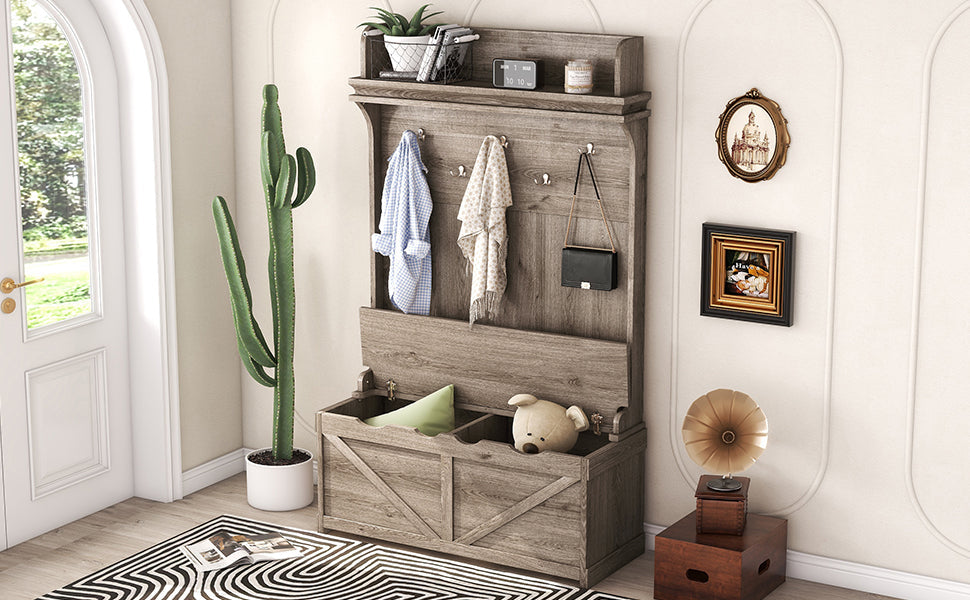 Hall tree with storage desk, entrance desk with drawers and 5 hooks, display rack,Oak - Korvel