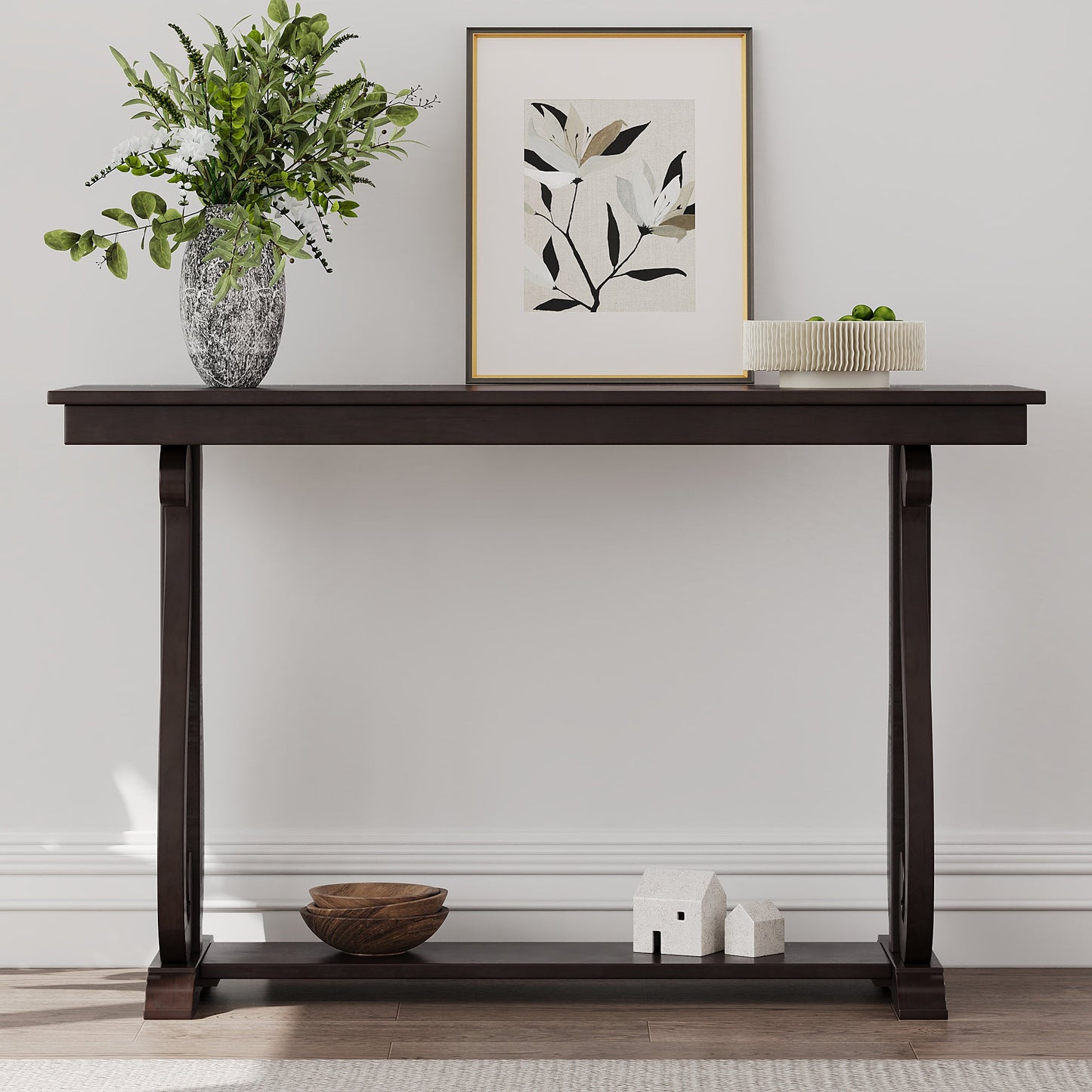 48-Inch Rustic Vintage Console Table --- Farmhouse Style Entryway Table with Open Shelf and Sturdy Construction  (Espresso) - Korvel