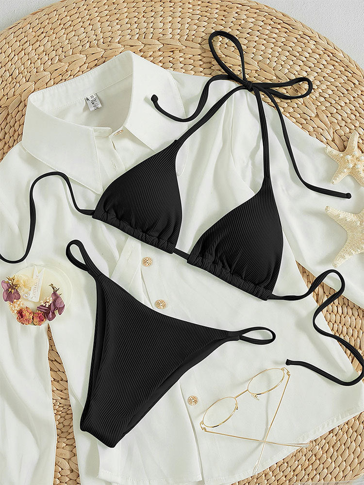 Hanging neck tie bikini multi-color three-point swimsuit hot spring swimsuit - Korvel