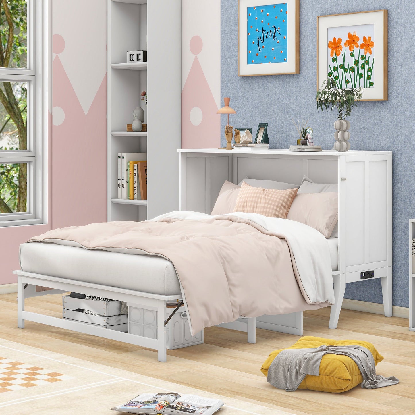 Queen Size Murphy Bed with Built-In Charging Station and a Shelf  White - Korvel