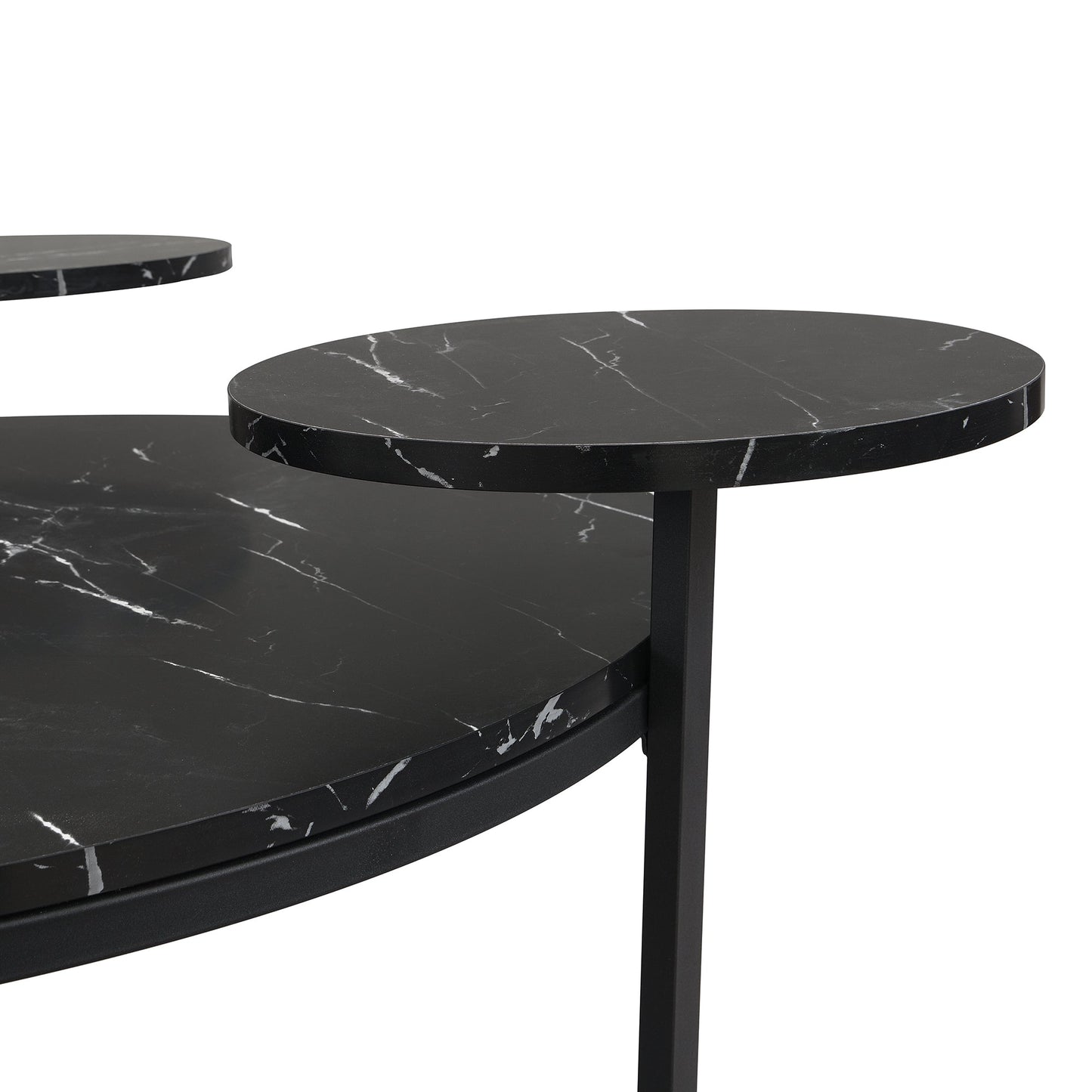 Modern coffee table with two display shelves, Black Faux marble surfaces, Tripod-inspired base,Rounded tabletop edges - Korvel